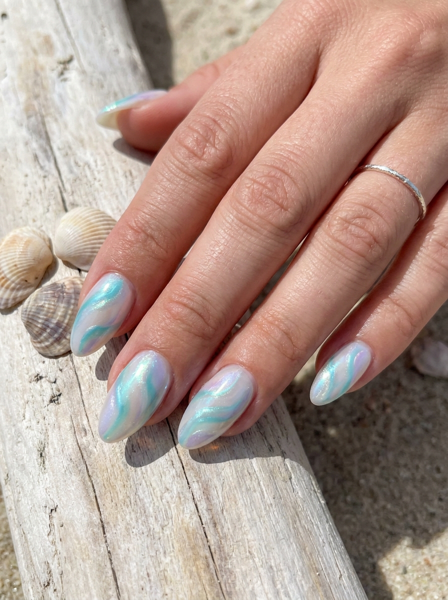 Iridescent Mermaid Swirl Nails mit fließenden Aqua-Swirls